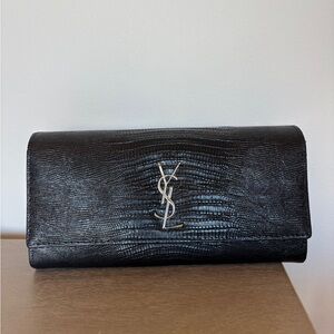 Black Lizard-Embossed Leather Clutch with Silver Logo